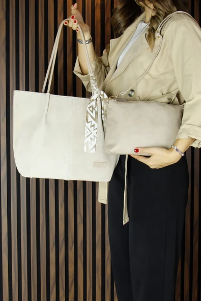 Erkan Saçmacı Bej Hakiki Dana Süet Manyetik Kapaklı Büyük Boy Günlük Omuz Çantası ve Askılı El Çantası - 5