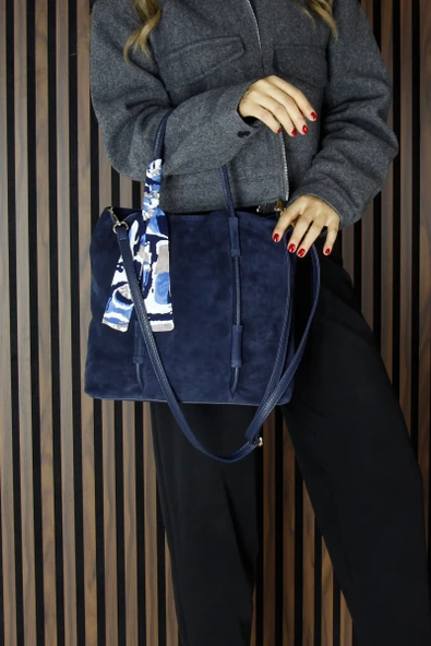 Erkan Saçmacı Lacivert Hakiki Dana Süet Manyetik Kapaklı Fermuarlı İç Cepli Askılı Büyük Boy Günlük Omuz Çantası - 6