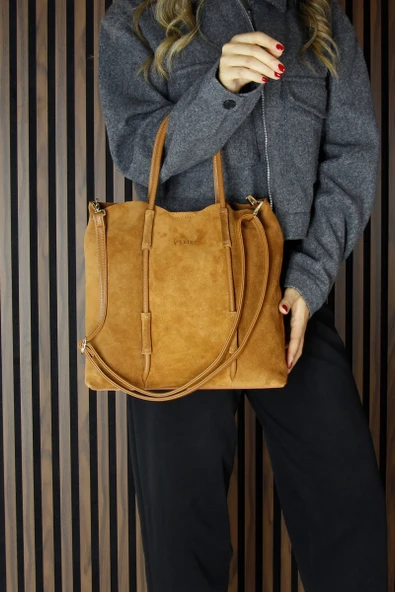 Erkan Saçmacı Taba Hakiki Dana Süet Manyetik Kapaklı Fermuarlı İç Cepli Askılı Büyük Boy Günlük Omuz Çantası - 6