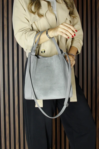 Erkan Saçmacı Gri Hakiki Dana Süet Manyetik Kapaklı Büyük Boy Günlük Omuz Çantası ve Askılı El Çantası - 5