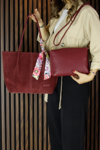 Erkan Saçmacı Bordo Hakiki Dana Süet Manyetik Kapaklı Büyük Boy Günlük Omuz Çantası ve Askılı El Çantası - 5