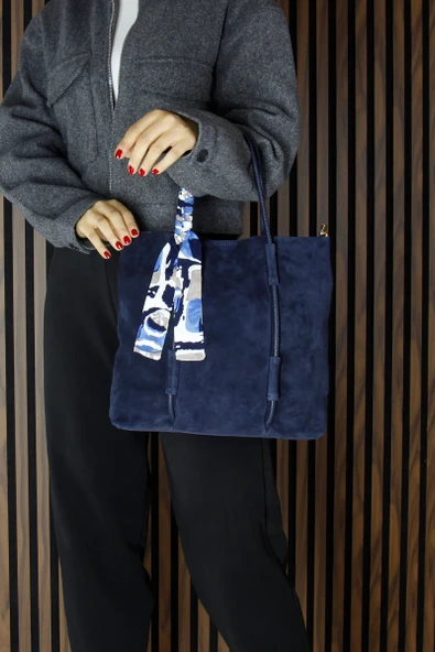 Erkan Saçmacı Lacivert Hakiki Dana Süet Manyetik Kapaklı Fermuarlı İç Cepli Askılı Büyük Boy Günlük Omuz Çantası - 2