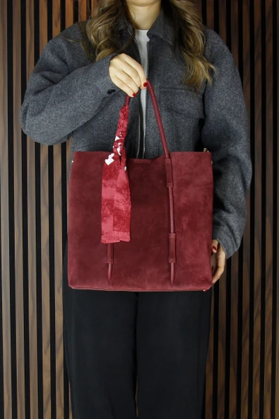 Erkan Saçmacı Bordo Hakiki Dana Süet Manyetik Kapaklı Fermuarlı İç Cepli Askılı Büyük Boy Günlük Omuz Çantası