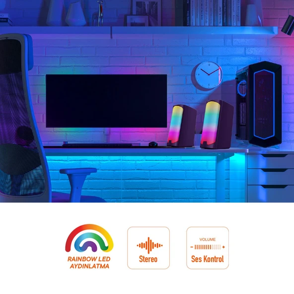 Polosmart PGS403 Kablolu Rainbow Led Aydınlatmalı Gaming Hoparlör Speaker Siyah - 5
