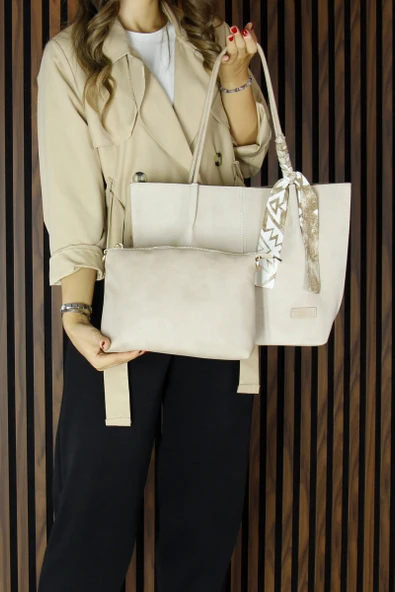 Erkan Saçmacı Bej Hakiki Dana Süet Manyetik Kapaklı Büyük Boy Günlük Omuz Çantası ve Askılı El Çantası