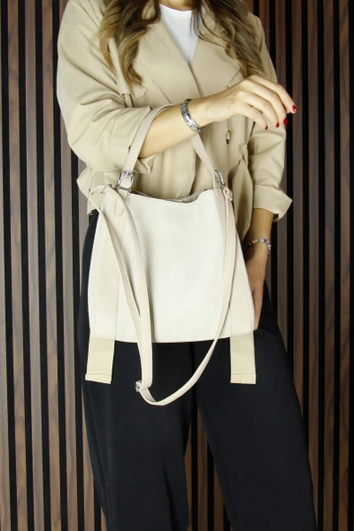 Erkan Saçmacı Bej Hakiki Dana Süet Manyetik Kapaklı Büyük Boy Günlük Omuz Çantası ve Askılı El Çantası - Resim 5