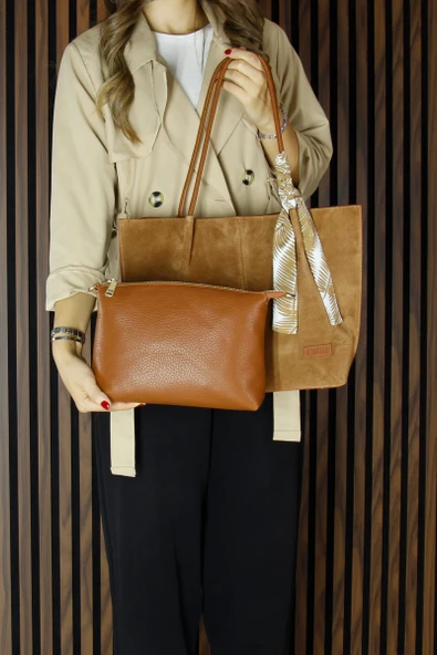 Erkan Saçmacı Taba Hakiki Dana Süet Manyetik Kapaklı Büyük Boy Günlük Omuz Çantası ve Askılı El Çantası