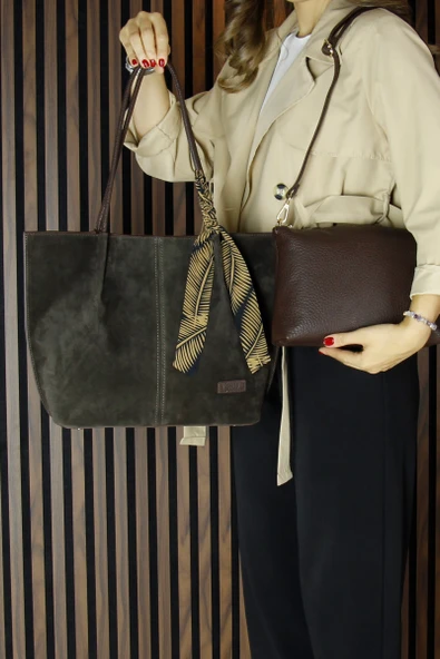 Erkan Saçmacı Kahve Hakiki Dana Süet Manyetik Kapaklı Büyük Boy Günlük Omuz Çantası ve Askılı El Çantası - 3