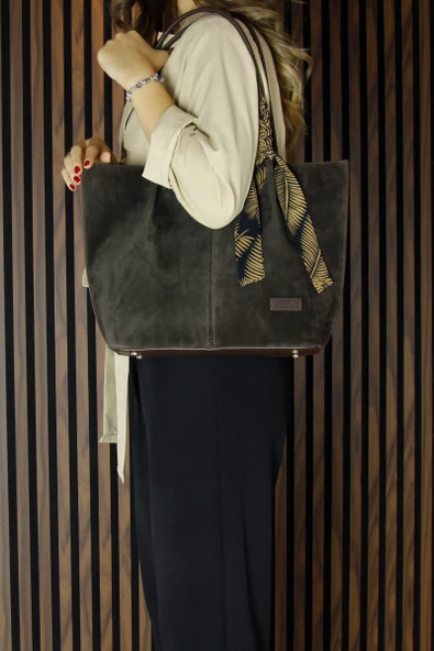 Erkan Saçmacı Kahve Hakiki Dana Süet Manyetik Kapaklı Büyük Boy Günlük Omuz Çantası ve Askılı El Çantası - 6