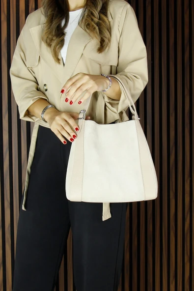 Erkan Saçmacı Bej Hakiki Dana Süet Manyetik Kapaklı Büyük Boy Günlük Omuz Çantası ve Askılı El Çantası - Resim 4