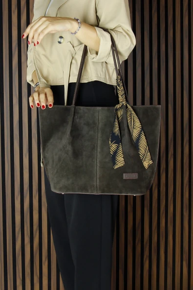 Erkan Saçmacı Kahve Hakiki Dana Süet Manyetik Kapaklı Büyük Boy Günlük Omuz Çantası ve Askılı El Çantası - 4