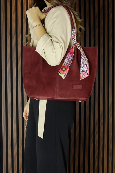 Erkan Saçmacı Bordo Hakiki Dana Süet Manyetik Kapaklı Büyük Boy Günlük Omuz Çantası ve Askılı El Çantası - 6