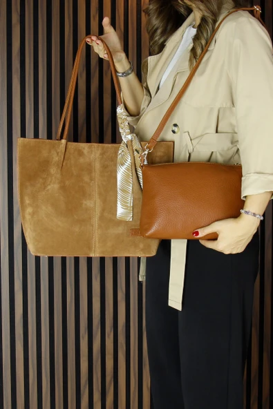 Erkan Saçmacı Taba Hakiki Dana Süet Manyetik Kapaklı Büyük Boy Günlük Omuz Çantası ve Askılı El Çantası - 5