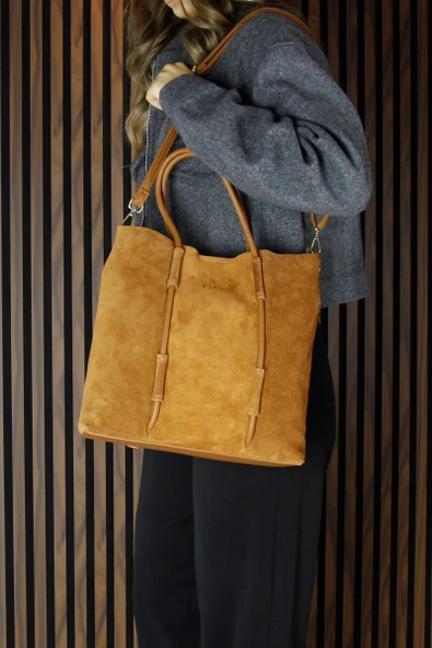 Erkan Saçmacı Taba Hakiki Dana Süet Manyetik Kapaklı Fermuarlı İç Cepli Askılı Büyük Boy Günlük Omuz Çantası - 5