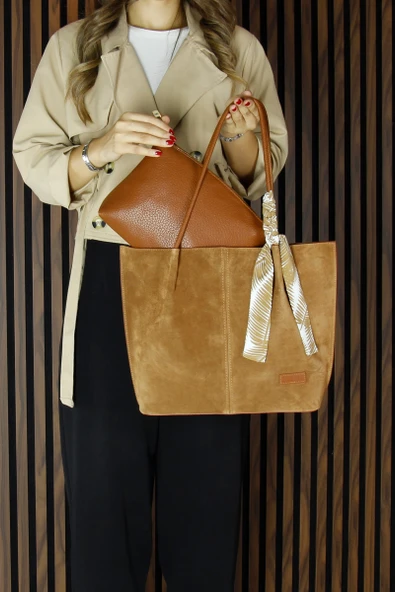 Erkan Saçmacı Taba Hakiki Dana Süet Manyetik Kapaklı Büyük Boy Günlük Omuz Çantası ve Askılı El Çantası - 3