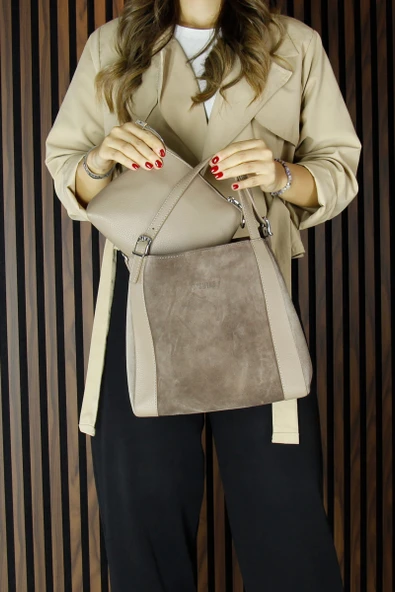 Erkan Saçmacı Kum Hakiki Dana Süet Manyetik Kapaklı Büyük Boy Günlük Omuz Çantası ve Askılı El Çantası - 3