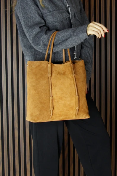 Erkan Saçmacı Taba Hakiki Dana Süet Manyetik Kapaklı Fermuarlı İç Cepli Askılı Büyük Boy Günlük Omuz Çantası - 3