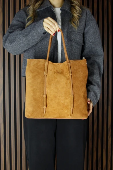 Erkan Saçmacı Taba Hakiki Dana Süet Manyetik Kapaklı Fermuarlı İç Cepli Askılı Büyük Boy Günlük Omuz Çantası