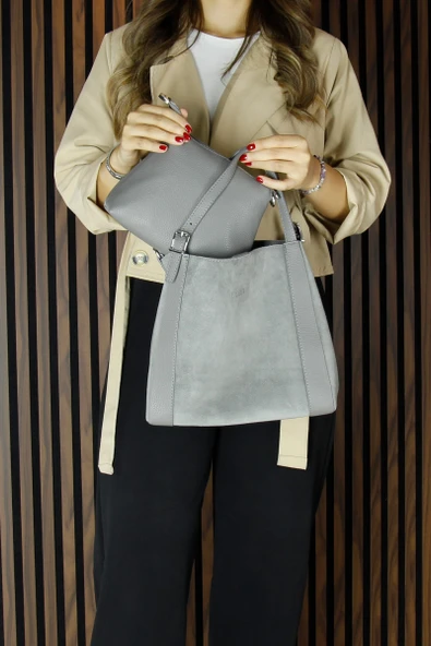 Erkan Saçmacı Gri Hakiki Dana Süet Manyetik Kapaklı Büyük Boy Günlük Omuz Çantası ve Askılı El Çantası - 3