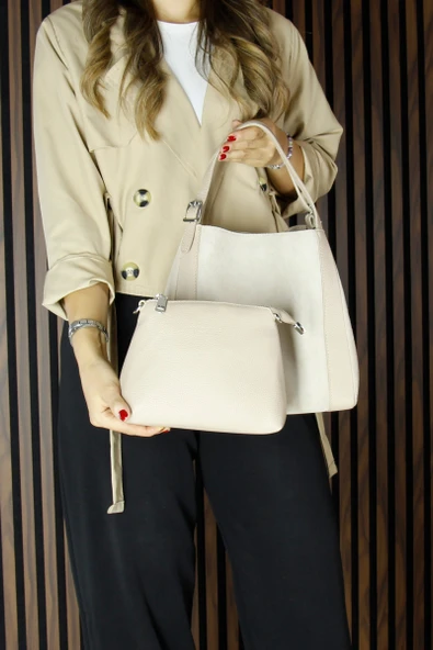 Erkan Saçmacı Bej Hakiki Dana Süet Manyetik Kapaklı Büyük Boy Günlük Omuz Çantası ve Askılı El Çantası ürün görseli