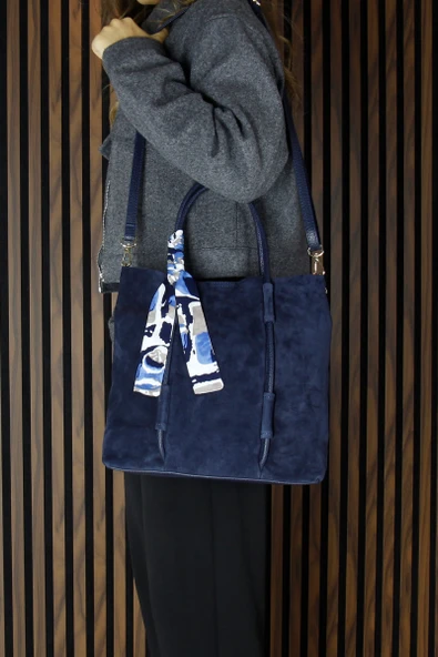 Erkan Saçmacı Lacivert Hakiki Dana Süet Manyetik Kapaklı Fermuarlı İç Cepli Askılı Büyük Boy Günlük Omuz Çantası - 5