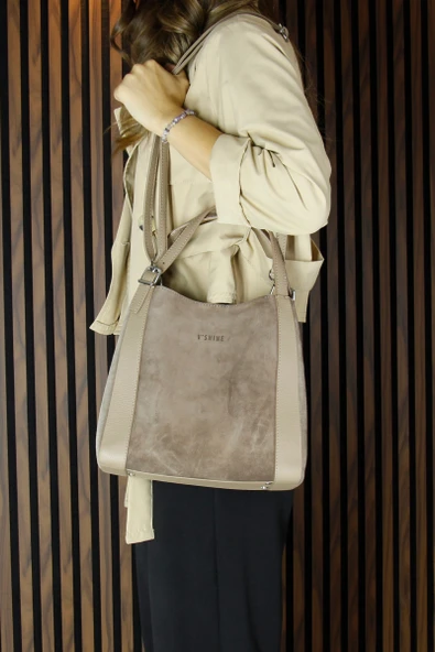 Erkan Saçmacı Kum Hakiki Dana Süet Manyetik Kapaklı Büyük Boy Günlük Omuz Çantası ve Askılı El Çantası - 6