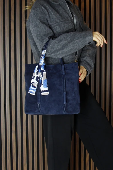Erkan Saçmacı Lacivert Hakiki Dana Süet Manyetik Kapaklı Fermuarlı İç Cepli Askılı Büyük Boy Günlük Omuz Çantası - 3