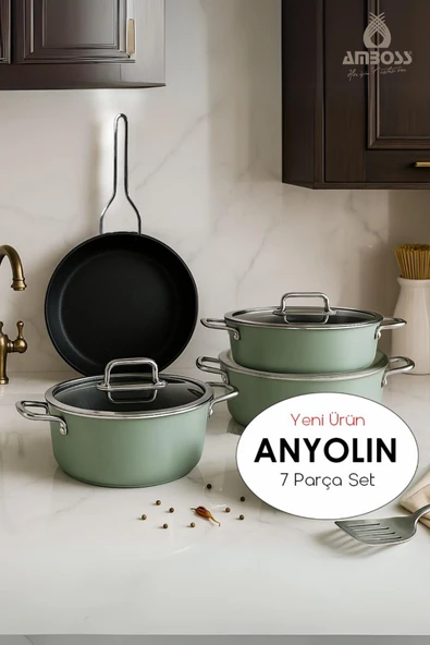 Anyolin 7 Parça Titanyum Kaplama Tencere Tava Seti (Yeşil) - 1