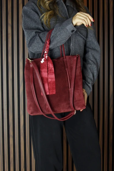 Erkan Saçmacı Bordo Hakiki Dana Süet Manyetik Kapaklı Fermuarlı İç Cepli Askılı Büyük Boy Günlük Omuz Çantası - 6