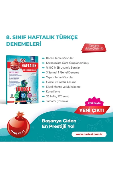 Nartest Yayınları Nartest 8. Sınıf Haftalık Türkçe  Denemeleri (Prestij Serisi) - Resim 2