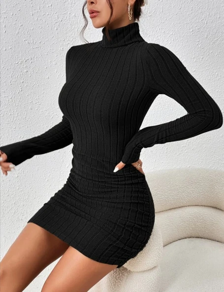 Fitilli boğazlı şardonlu elbise siyah - 3