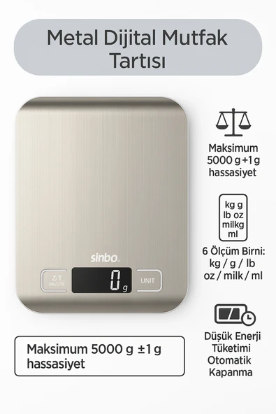 Sinbo SKS-4527 Metal Dijital Hassas Mutfak Tartısı Pil Hediyeli ürün görseli