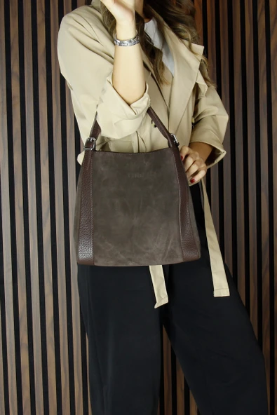 Erkan Saçmacı Kahve Hakiki Dana Süet Manyetik Kapaklı Büyük Boy Günlük Omuz Çantası ve Askılı El Çantası - 2