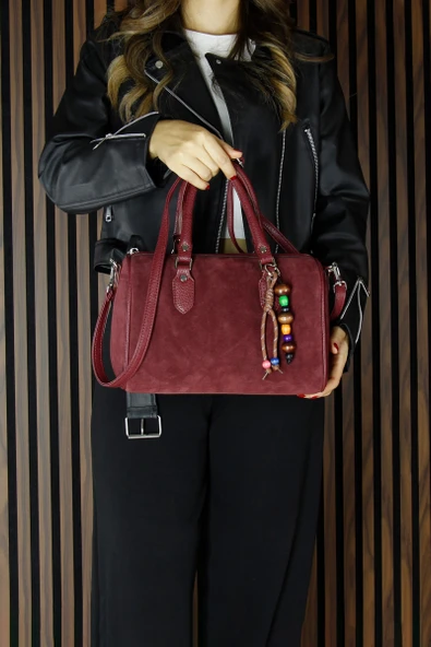 Erkan Saçmacı Bordo Hakiki Dana Süet Fermuarlı İç Cepli Askılı Boncuk Aksesuarlı Günlük Büyük Boy Omuz Çantası - Resim 6