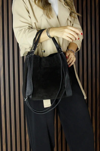 Erkan Saçmacı Siyah Hakiki Dana Süet Manyetik Kapaklı Büyük Boy Günlük Omuz Çantası ve Askılı El Çantası - 5