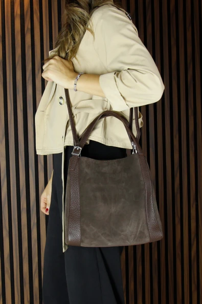 Erkan Saçmacı Kahve Hakiki Dana Süet Manyetik Kapaklı Büyük Boy Günlük Omuz Çantası ve Askılı El Çantası - 6