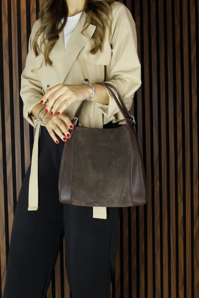 Erkan Saçmacı Kahve Hakiki Dana Süet Manyetik Kapaklı Büyük Boy Günlük Omuz Çantası ve Askılı El Çantası - 4