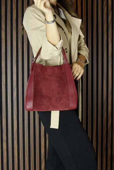 Erkan Saçmacı Bordo Hakiki Dana Süet Manyetik Kapaklı Büyük Boy Günlük Omuz Çantası ve Askılı El Çantası - 2