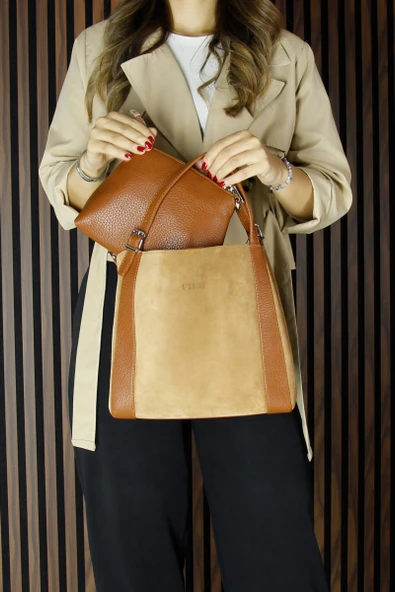 Erkan Saçmacı Taba Hakiki Dana Süet Manyetik Kapaklı Büyük Boy Günlük Omuz Çantası ve Askılı El Çantası - Resim 3