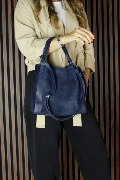 Erkan Saçmacı Lacivert Hakiki Dana Süet Manyetik Kapaklı Büyük Boy Günlük Omuz Çantası ve Askılı El Çantası - 5