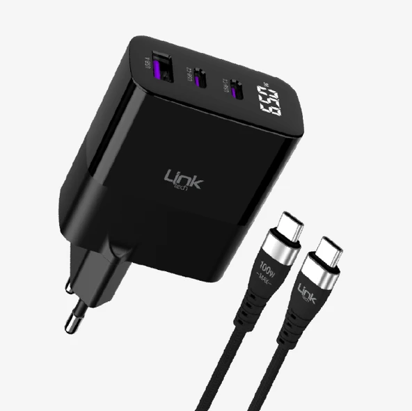 Linktech G853 Premium Tip-C Kablolu 3'lü Çıkış 65W Süper SI GaN Şarj Adaptörü (Kvk Garantili) ürün görseli 1
