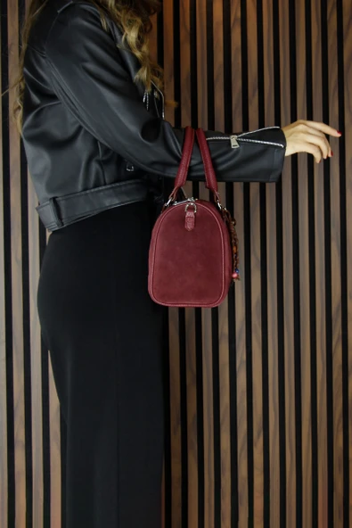 Erkan Saçmacı Bordo Hakiki Dana Süet Fermuarlı İç Cepli Askılı Boncuk Aksesuarlı Günlük Büyük Boy Omuz Çantası - Resim 5