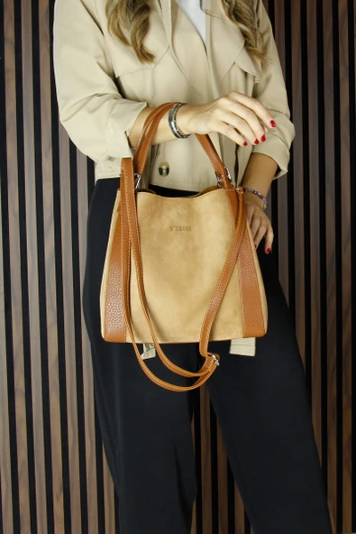 Erkan Saçmacı Taba Hakiki Dana Süet Manyetik Kapaklı Büyük Boy Günlük Omuz Çantası ve Askılı El Çantası - Resim 5