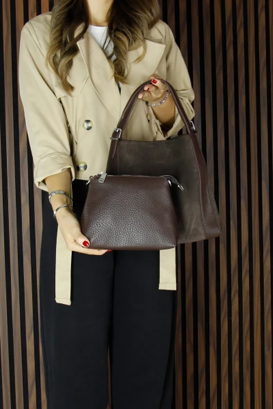 Erkan Saçmacı Kahve Hakiki Dana Süet Manyetik Kapaklı Büyük Boy Günlük Omuz Çantası ve Askılı El Çantası