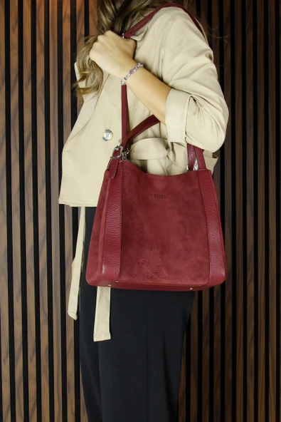 Erkan Saçmacı Bordo Hakiki Dana Süet Manyetik Kapaklı Büyük Boy Günlük Omuz Çantası ve Askılı El Çantası - 6