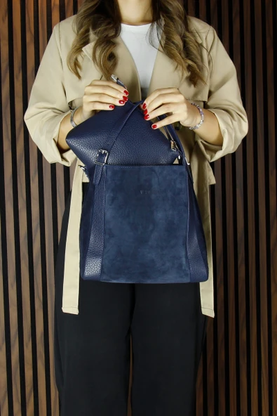 Erkan Saçmacı Lacivert Hakiki Dana Süet Manyetik Kapaklı Büyük Boy Günlük Omuz Çantası ve Askılı El Çantası - 3