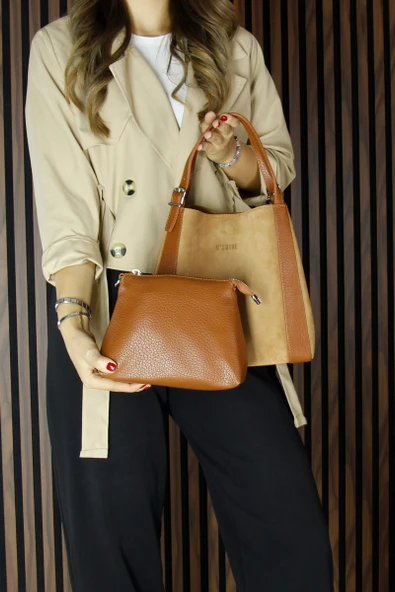 Erkan Saçmacı Taba Hakiki Dana Süet Manyetik Kapaklı Büyük Boy Günlük Omuz Çantası ve Askılı El Çantası ürün görseli