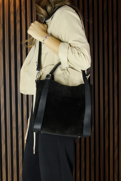 Erkan Saçmacı Siyah Hakiki Dana Süet Manyetik Kapaklı Büyük Boy Günlük Omuz Çantası ve Askılı El Çantası - 6