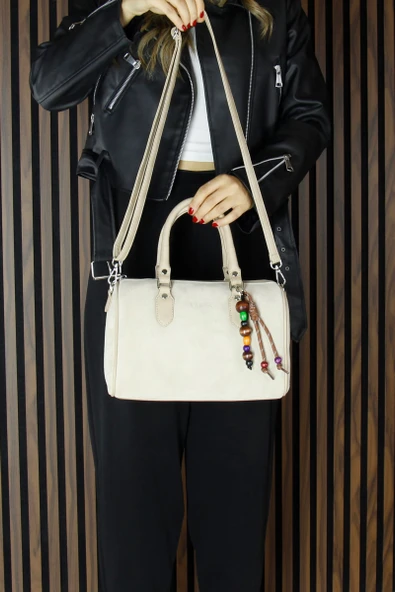 Erkan Saçmacı Bej Hakiki Dana Süet Fermuarlı İç Cepli Askılı Boncuk Aksesuarlı Günlük Büyük Boy Omuz Çantası - 6