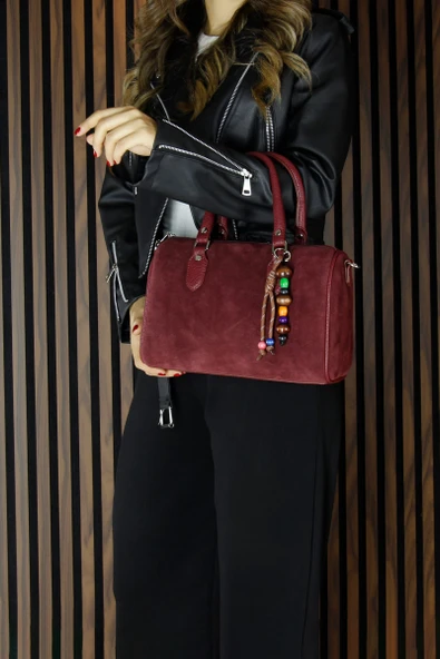 Erkan Saçmacı Bordo Hakiki Dana Süet Fermuarlı İç Cepli Askılı Boncuk Aksesuarlı Günlük Büyük Boy Omuz Çantası - Resim 3